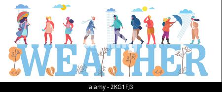 Weather in big letters and women wearing seasonal clothes walking in rain, snow and in hot sun, vector flat style design illustration. People in diffe Stock Vector