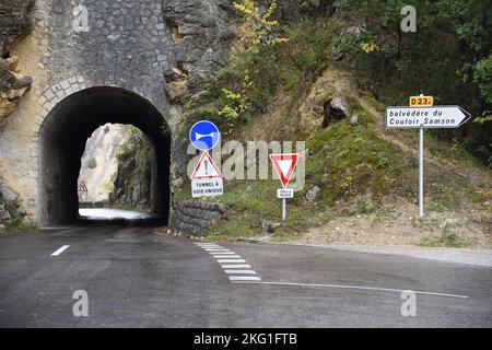 Narrow Single File Road Tunnel through Cliffs or Rock Outcrops of the Verdon Gorge Rougon Alpes-de-Haute-Provence France Stock Photo