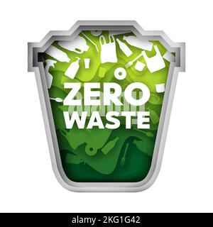 Vector layered paper cut style Zero waste green trash can with plastic garbage. Life without plastic concept for web banner, website page etc. Stock Vector