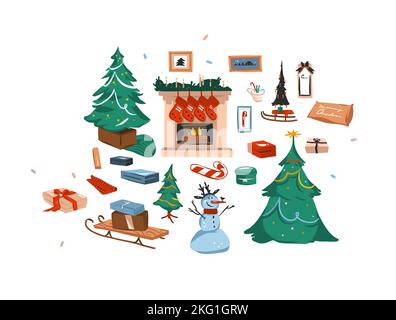 Hand drawn vector abstract fun stock flat Merry Christmas,and Happy New Year cartoon collection set bundle with illustrations of outdoor and indoor Stock Vector