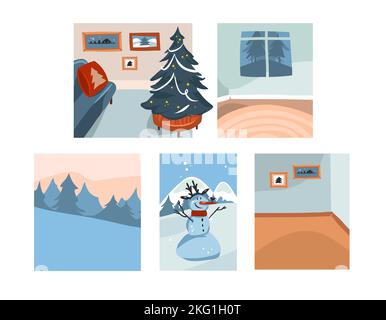 Hand drawn vector abstract fun stock flat Merry Christmas,and Happy New Year cartoon festive card with cute illustrations of Xmas scenes collection Stock Vector