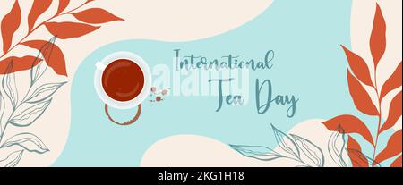 Tea Day banner in boho style with tea mug and smudge prints with drops, International Tea Day, botanical doodle leaves. Vector illustration Stock Vector