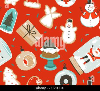 Hand drawn vector abstract fun stock flat Merry Christmas,and Happy New Year time cartoon festive seamless pattern with cute illustrations of Xmas Stock Vector