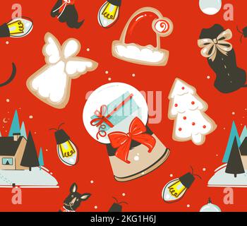 Hand drawn vector abstract fun stock flat Merry Christmas,and Happy New Year time cartoon festive seamless pattern with cute illustrations of Xmas Stock Vector