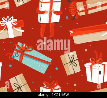 Hand drawn vector abstract fun stock flat Merry Christmas,and Happy New Year time cartoon festive seamless pattern with cute illustrations of Xmas Stock Vector