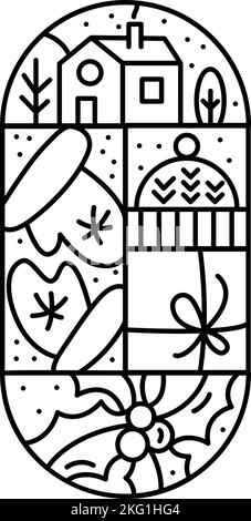 Christmas advent composition snow, gift boxes, hat, house and trees. Hand drawn winter vector constructor logo in two half round frame and rectangles Stock Vector