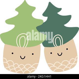 Two cute happy lover Christmas trees couple. Line hand drawn Merry xmas and Happy New Year colour isolated illustration for the celebration of winter Stock Vector