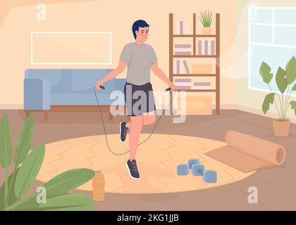 Sportsman doing exercises with jumping rope flat color vector illustration Stock Vector