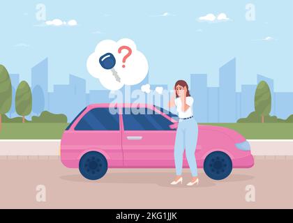 Woman with panic attack near car flat color vector illustration Stock Vector