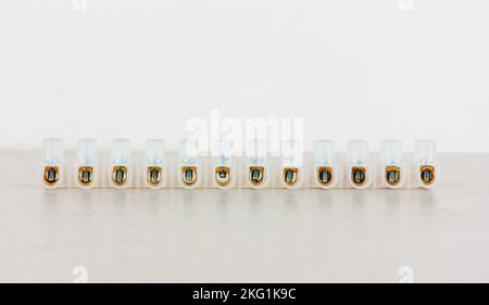 terminals for connecting wires, copper terminal barrier strip on a gray background close-up with copy space Stock Photo
