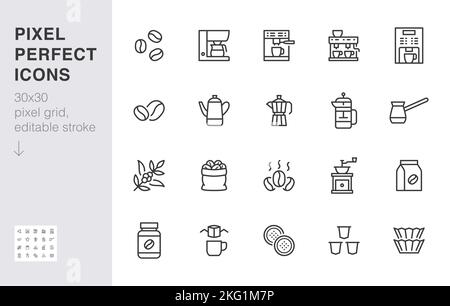 Coffee making line icon set. Drip bag, moka, pod, capsule, arabian, kettle, french press, bean minimal vector illustration. Simple outline sign for Stock Vector