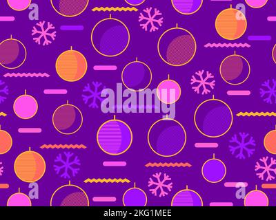 Christmas seamless pattern with Christmas balls and snowflakes in 80s memphis style. Christmas balls with stripes. Xmas design for printing and banner Stock Vector