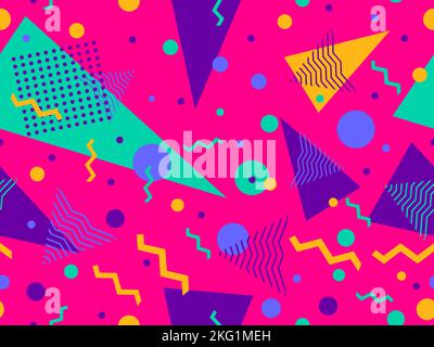 Memphis seamless pattern with geometric shapes in 80s style. Colorful geometric shapes on a blue background. Design of promotional products, wrapping Stock Vector