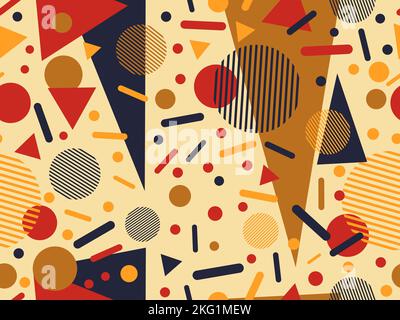 Geometric seamless pattern in 80s memphis style. Colorful background with geometric shapes. Design for promotional products, wrapping paper, brochures Stock Vector
