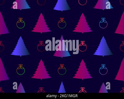 Christmas trees and Christmas balls seamless pattern. Gradient christmas decorations violet and blue color. Xmas design for print, wrapping paper and Stock Vector