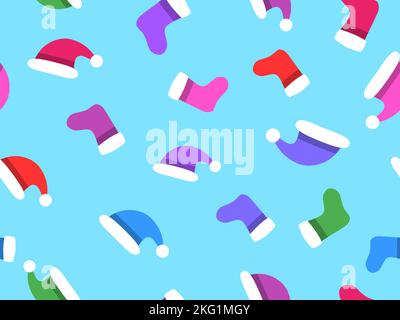 Christmas stocking and santa hat seamless pattern. Multicolored Christmas socks and hats on a blue background. Festive design for greeting cards, wrap Stock Vector