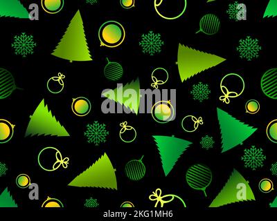 Christmas trees and Christmas balls seamless pattern. Gradient christmas decorations green and yellow color. Xmas design for print, wrapping paper and Stock Vector
