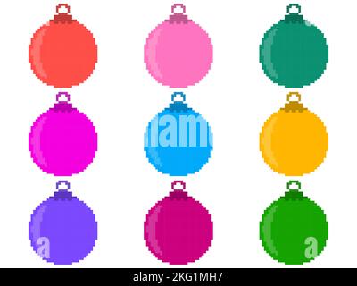Pixel Christmas balls icons set. Christmas balls in pixel art style of different colors. 8-bit retro games from the 80s and 90s. Design for greeting c Stock Vector