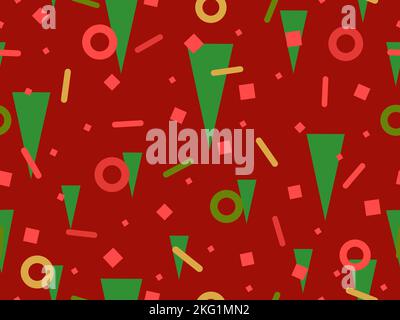 Seamless pattern with geometric shapes in 80s memphis style. Triangles, circles and squares in a red and green Christmas color palette. Design of wrap Stock Vector