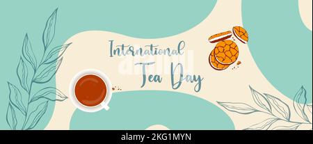 Tea Day banner in boho style with tea mug and cookies, International Tea Day, botanical doodle leaves. Vector illustration Stock Vector