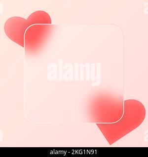 Romantic background with red hearts and square frame for text in glassmorphism style. Festive template of banner for Valentines Day, Mothers Day or Stock Vector