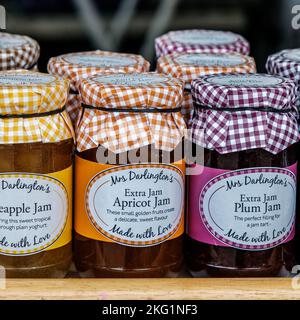 Epsom, Surrey, London UK, November 19 2022,  Jars Of Fresh Homemade Jam On Display On A Market Stall Close Up With No People Stock Photo
