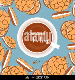 Tea Day banner with tea mug and cookies, International Tea Day, botanical doodle leaves. Vector illustration Stock Vector