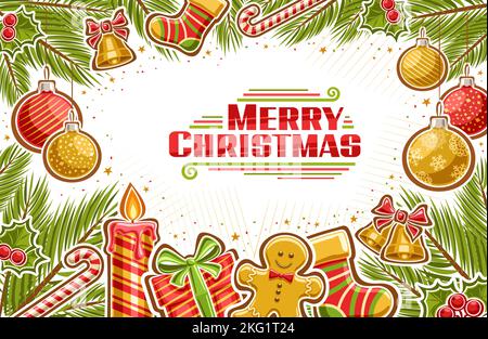 Vector greeting card for Christmas, horizontal poster with illustrations of shiny hanging baubles, branches of christmas tree, decorative stars and st Stock Vector