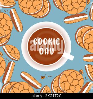 Cookie Day banner, Tea mug, blue background, frame. Vector illustration Stock Vector