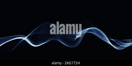 Wave of dynamic particles flows through the darkness. Blurred lights vector abstract background. Beautiful wavy array of glowing dots.Big data Stock Vector