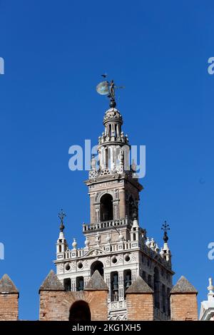 Seville Cathedral.  The Almohad decoration of the main section of the Giralda tower. Spain. Stock Photo