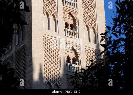 Seville Cathedral.  The Almohad decoration of the main section of the Giralda tower. Spain. Stock Photo