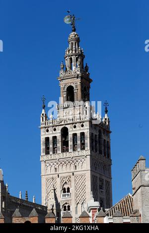 Seville Cathedral.  The Almohad decoration of the main section of the Giralda tower. Spain. Stock Photo