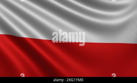 Render of the Poland flag flutters in the wind close-up, the national flag of Poland flutters in 4k resolution, close-up, colors: RGB. Stock Photo