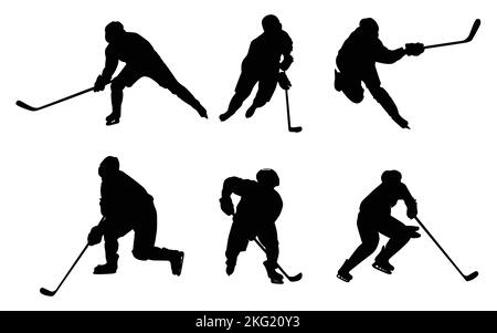 Vector graphics of black silhouettes of hockey players and goalkeeper on a white background Stock Vector