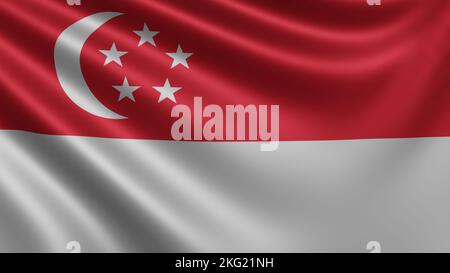 Render of the Singapore flag flutters in the wind close-up, the national flag of Singapore flutters in 4k resolution, close-up, colors: RGB. Stock Photo