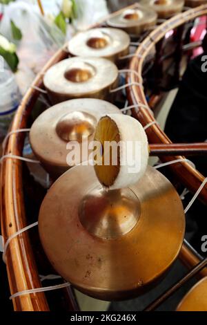 Traditional Khmer music. Gamelan instruments in a cambodian pagoda. Phnom Penh. Cambodia. Stock Photo