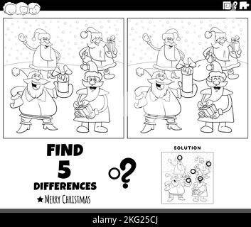 Black and white cartoon illustration of finding differences between pictures educational game for children with funny Santa Clauses characters on Chri Stock Vector