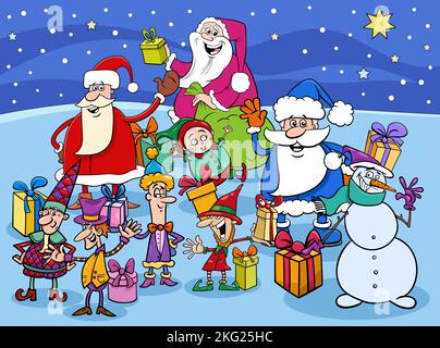 Cartoon illustration of Santa Clauses and elves characters on Christmas time Stock Vector