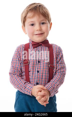 Good baby boy with tie and suspender in Santa Claus cloth, Christmas concept Stock Photo