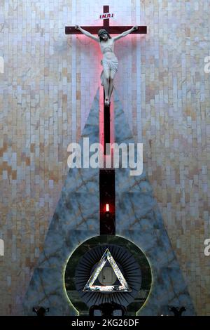 Catholic church. Tabernacle and Crucifix, Jesus on the cross.  Tan Chau. Vietnam. Stock Photo