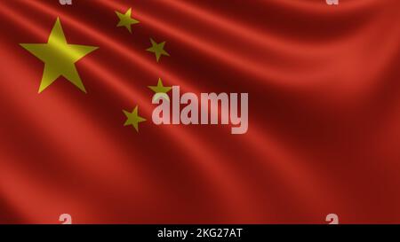 Render of the China flag flutters in the wind close-up, the national flag of China flutters in 4k resolution, close-up, colors: RGB. Stock Photo