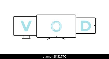 Device Icons: smart TV, desktop computer and tablet. Video on demand concept. Vector illustration, flat design Stock Vector