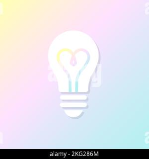 Light bulb glowing. Isolated electric lamp on pastel gradient background. Heart filament. Vector illustration, flat design Stock Vector