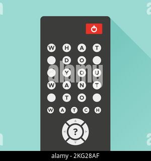 TV remote control with long shadow on turquoise background. On the buttons the text: "What do you want to watch?" Concept of streaming television, web Stock Vector