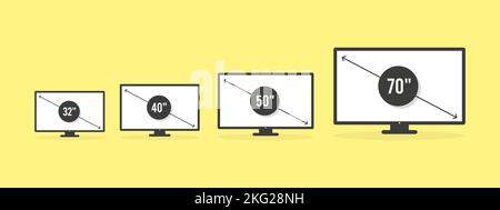 Smart TV icon set. Diagonal screen size in 32, 40, 50 and 70 inches. Lcd television display. Computer monitor. Vector illustration, flat design Stock Vector