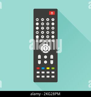 TV remote control with long shadow on turquoise background. On the buttons the text: "What do you want to watch?" Concept of streaming television, web Stock Vector