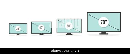 Smart TV icon set. Diagonal screen size in 32, 40, 50 and 70 inches. Lcd television display. Computer monitor. Vector illustration, flat design Stock Vector