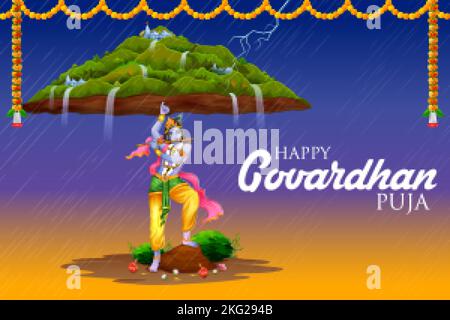 illustration of Lord Krishna lifting Govardhan mountain on Govardhan Puja festival background of India Stock Vector