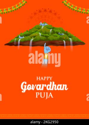 illustration of Lord Krishna lifting Govardhan mountain on Govardhan Puja festival background of India Stock Vector